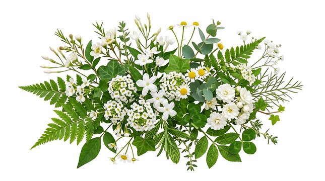 Beautiful Spring Bouquet of Wild White Flowers and Green Leaves.