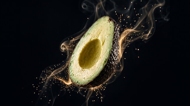 Floating avocado half surrounded by sparkling energy glow against dark background