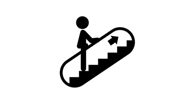 A clear instruction symbol featuring a person stepping onto an escalator staircase shown within a structured horizontal design template graphic