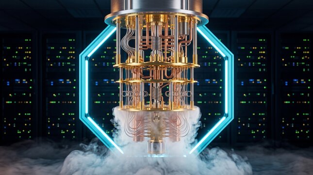 Quantum computer processor in server room with cooling system and glowing neon light