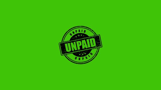 Unpaid rubber stamp impression animation on a green screen background for easy chroma key removal