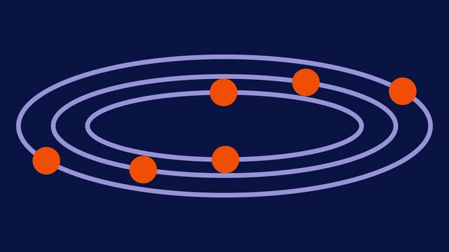 Multiple thin orbital rings with glowing orange particle dots rotating in harmony across a deep dark cosmic space background interface