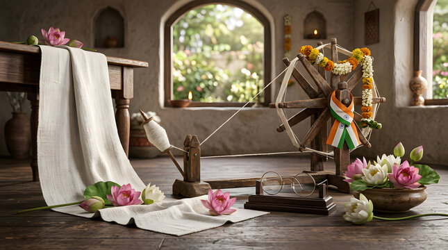Traditional wooden charkha spinning wheel with white khadi cloth.