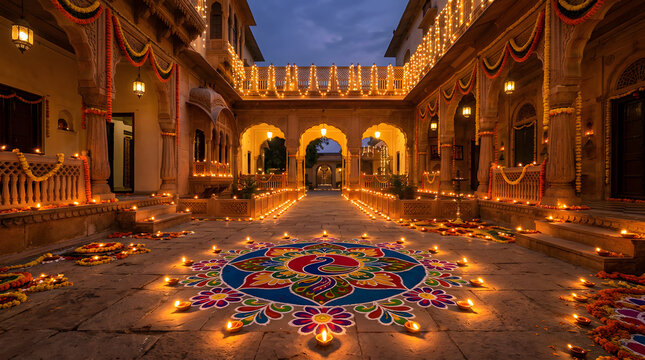 Traditional Indian courtyard decorated with rangoli and oil lamps.