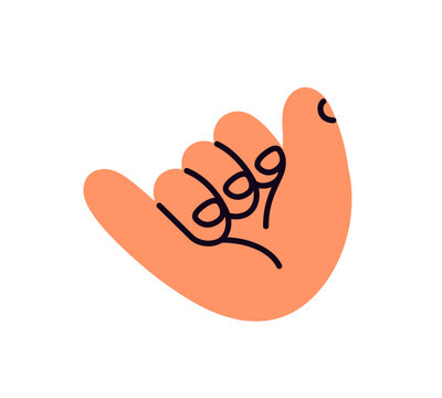 Shaka doodle icon. Aloha emoji. Greeting emoticon with hand gesture. Palm showing sing of call me, whats up, right on. Symbol of hang loose. Flat isolated vector illustration on white background