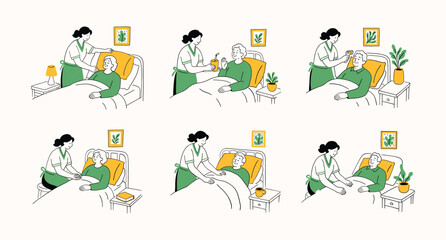 Fototapeta premium Social worker, nurse or doctor with elderly people, old man and woman illustration set. Bedridden patient assistance, support, volunteer help, rehabilitation, care. Simple doodle line contour style.