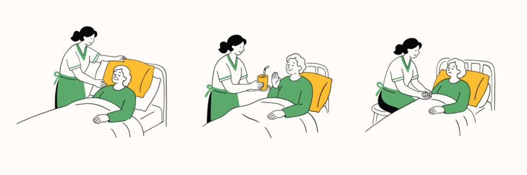 Social worker, nurse or doctor with bedridden woman. Psychologist, hospital, medicine, well-being, mental health. Patient assistance, support, volunteer help, rehabilitation, care. Simple doodle line.