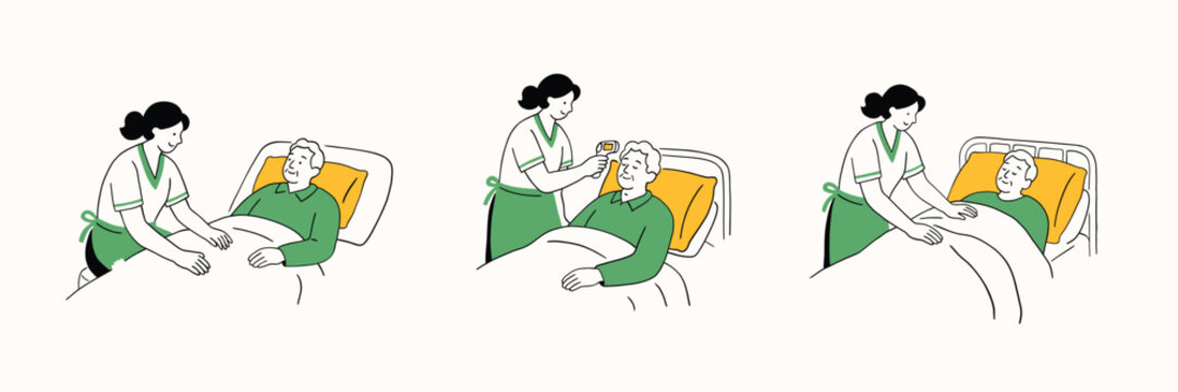Social worker, nurse or doctor with bedridden man. Psychologist, hospital, medicine, well-being, mental health. Patient assistance, support, volunteer help, rehabilitation, care. Simple doodle line.