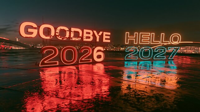 Goodbye 2026 Hello 2027 New Year countdown neon sign installation with red and cyan lights reflected on wet pavement at night