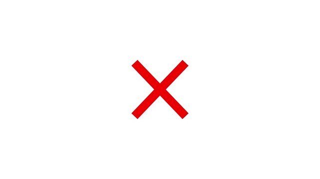 Bright Red X Cross Mark Symbol Motion Graphic on white Screen, Animated Wrong Mark, Error Icon Concept for Quiz Games, UI Rejection Alerts, Video Overlay, and Motion Graphic Asset.