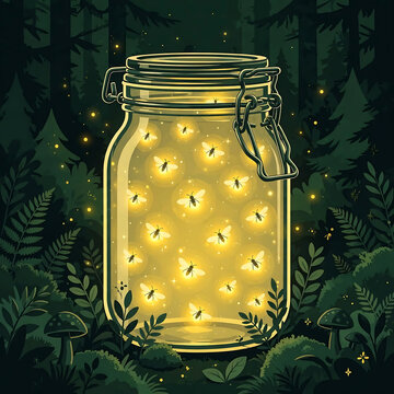Glowing fireflies trapped inside a glass jar isolated on transparent background
