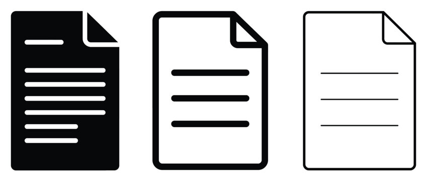 Set of document icons with different styles, including solid, thick outline, and thin line versions, representing file, paper, or text document concepts