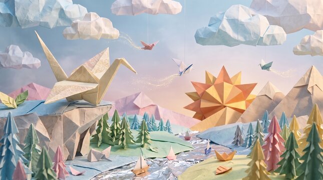 Origami paper landscape with crane and sun. Low poly folded paper art nature scene. Pastel geometric mountain landscape background.