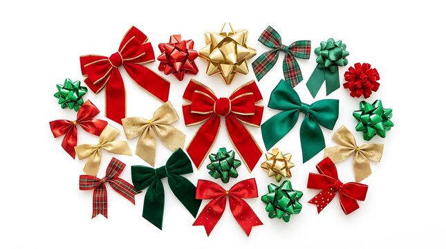 Set of festive Christmas gift wrapping bows and ribbons.