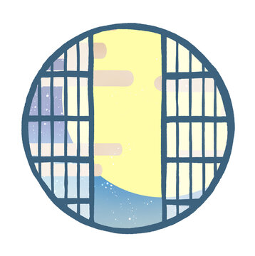 月　雲　シルエット　星空　丸障子