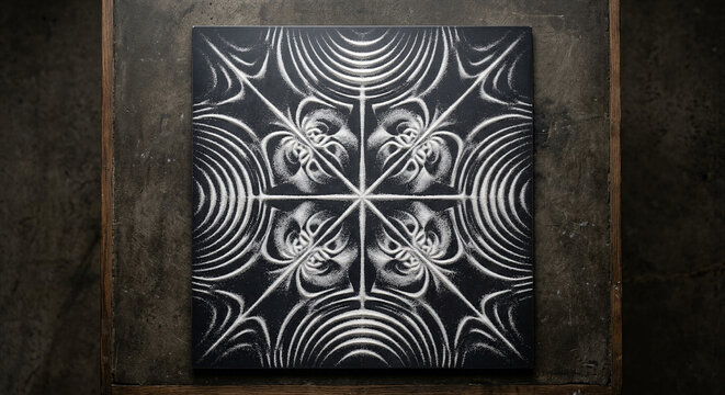 Chladni resonance pattern formed by fine quartz sand on black metal plate, acoustic sound wave frequency geometry, physical cymatics physics experiment concept