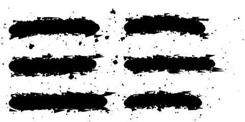 Fototapeta premium Six black oval shapes with paint splatter are arranged in a grid on a white background.
