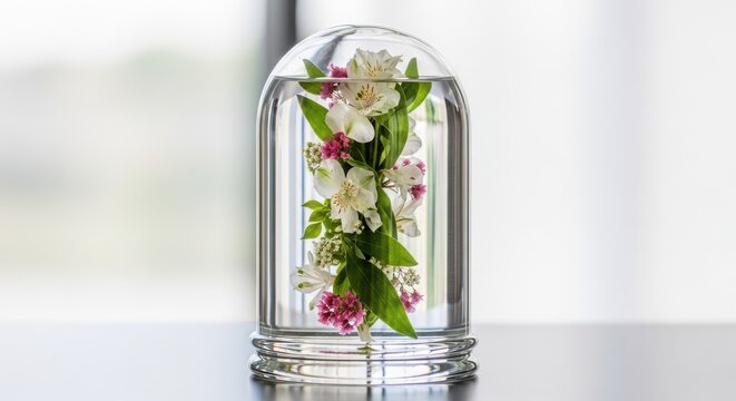 Preserved flowers in an elegant glass bell jar