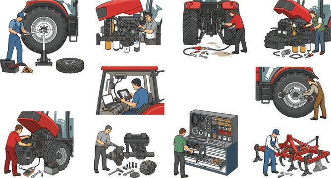 Tractor repair and agricultural machinery service set featuring mechanics changing tires engine diagnostics hydraulic maintenance cab electronics and implement repair vector illustration