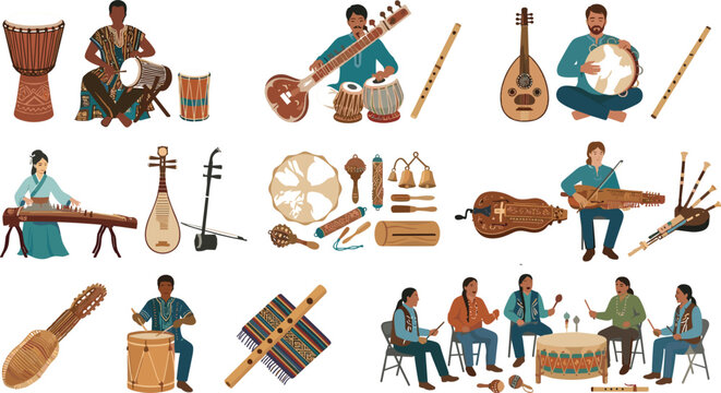 Traditional ethnic musical instruments and musicians set featuring sitar djembe tabla oud erhu bagpipes hurdy gurdy quena and indigenous folk performers vector illustration