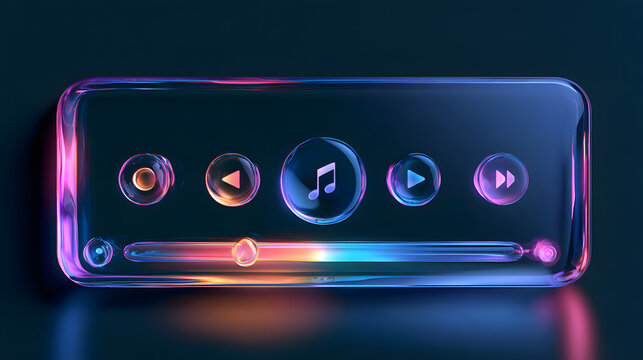 Set of music media player in liquid glass style. Multimedia interface with glassmorphism buttons and progress bar. Music player digital application control component for smartphone or web Stock Vector