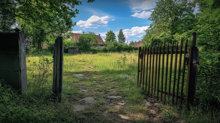 Obraz premium Old wooden fence leading through overgrown grassy field under blue sky