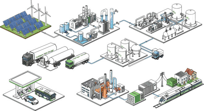 Green hydrogen energy economy value chain set featuring solar wind electrolysis production storage transport fueling station industrial factory power generation and train isometric vector illustration