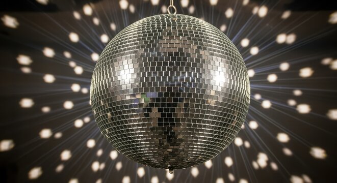 Elegant disco ball suspended against sparkling starry background