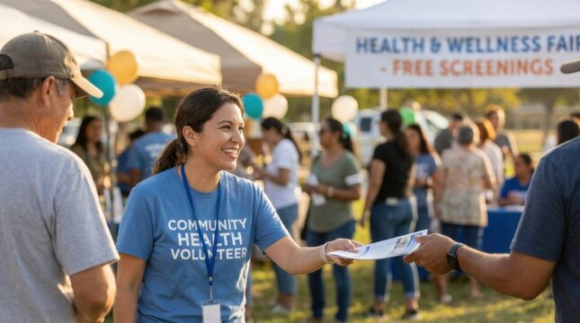 Volunteers Handing Out Information Flyers at Outdoor Community Fair