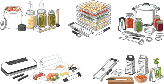 Home food preservation and kitchen prep equipment set featuring fermentation jars food dehydrator pressure canner vacuum sealer and mandoline slicer vector illustration