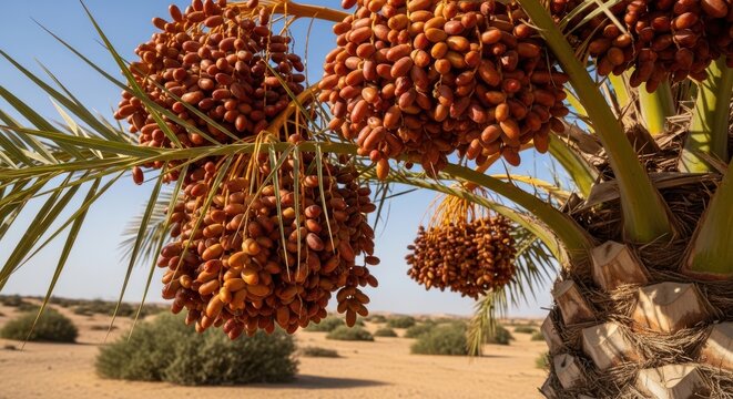Lush date palm clusters under clear skies in arid landscape