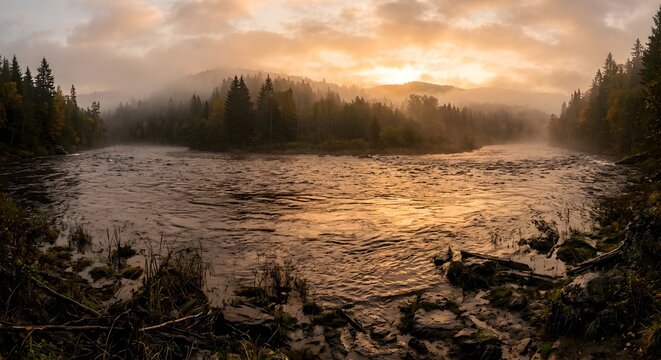 a flood-swollen river reflecting warm light through lingering mist