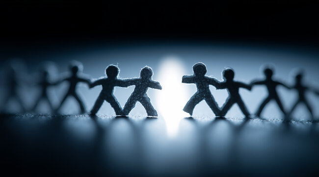 A group of paper people standing in the shape of an outline, their shadows cast on each other's bodies, symbolizing unity and support within the team members