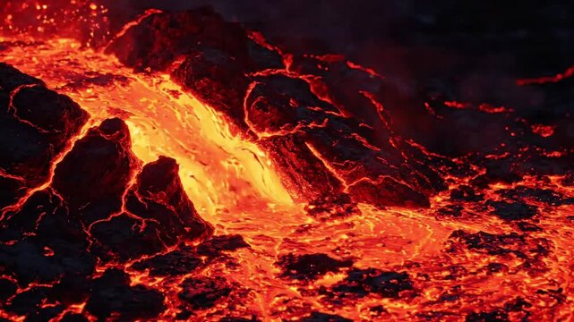 Molten Lava Flowing Over Black Volcanic Rocks Hot Magma Eruption Nature Background