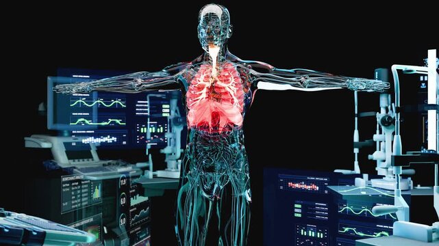 X-Ray Style View of the Human Body Highlighting the Lungs, Bronchi and Diaphragm, Respiratory System Anatomy, 3d render	