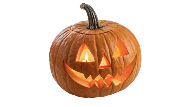 Spooky glowing Halloween pumpkin jack o lantern with scary face isolated on transparent background