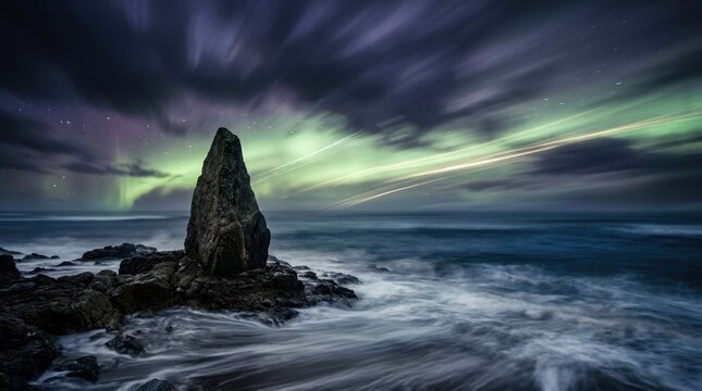 Cosmic horror night seascape with sharp monolith and eldritch green light trails