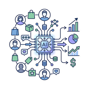 Graphic illustration of an artificial intelligence processor analyzing consumer data