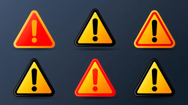 Warning triangle icon set illustration, red yellow and black exclamation caution signs for hazard alert, safety notice, risk prevention, emergency symbol. Warning and alert icon collection. 
