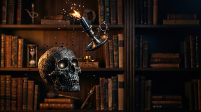 Spooky Halloween Banner Featuring a Levitating Antique Skull and Floating Candle with Suspended Black Wax Droplets in a Dark Academia Library Interior