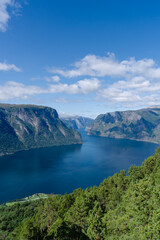 Fototapeta premium Dramatic Norwegian fjord landscape with deep blue water and towering green mountains