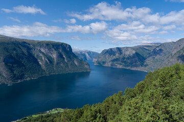 Fototapeta premium Panoramic view of a dramatic Norwegian fjord landscape with deep blue water and green mountains