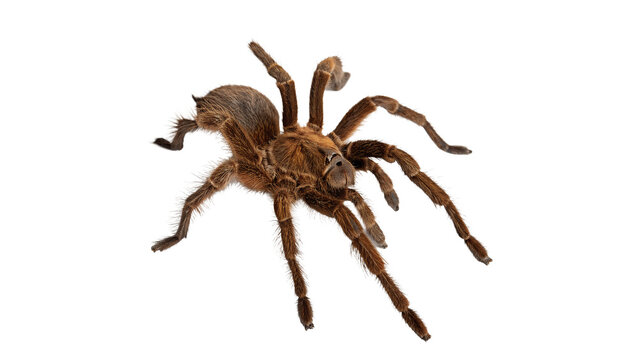 Large wild brown tarantula spider crawling crawling creepy insect isolated on transparent background