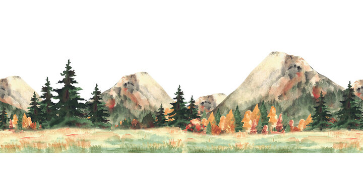 Mountain fall forest watercolor landscape seamless border with autumn coloured trees. Green coniferous and golden red colorful foliage of deciduous woods. Hand drawn pattern. isolated illustration.