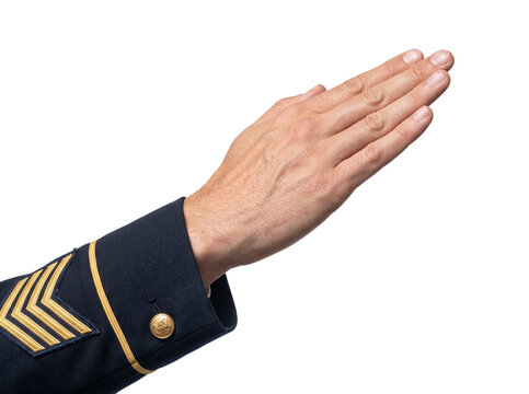 Male hand in formal navy military dress uniform sleeve gesturing toward the side.