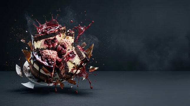 Surreal Food Horror Banner featuring Macabre Dessert Cake Shattering to Reveal Brain-Like Internal Structures with Splashing Red Glaze and Copy Space on Dark Background