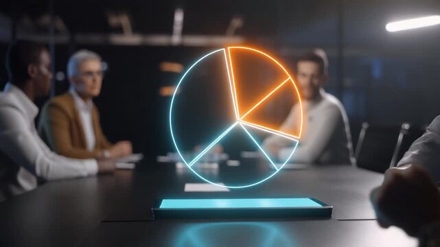 暗い会議室を照らす空中に浮かぶ3Dホログラムの円グラフとぼやけた役員の手