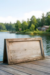 Fototapeta premium Vacation and travel advertisement, empty wooden sign on a lake pier for summer holiday promotion and outdoor lifestyle marketing with copy space