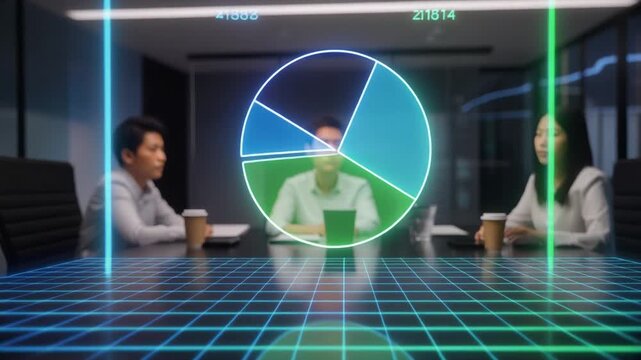 会議室の机の上に浮かぶホログラフィックな3D円グラフのアウトフォーカスによる肩越し視点