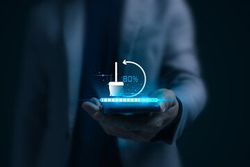 Data cleaning and system optimization concept with a percentage loading bar on a smartphone screen, futuristic cache storage cleaner app, memory speed boost technology infrastructure background. © gothong_1984